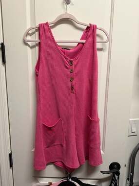 HL USA Pink Ribbed Textured Button-Front Tank Romper with Pockets